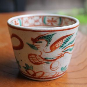 现货 日本藏珍窑吴须赤绘猪口杯日式手绘凤凰纹茶杯复古咖啡杯
