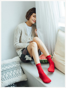 容川日式秋冬女式羊毛保暖中筒袜纯色长袜运动休闲柔软透气吸汗棉