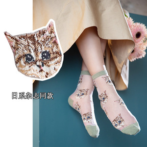 容川设计 日本春夏可爱猫咪水晶卡丝女士中筒袜学院柔软透气舒适