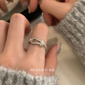 suzyacc kr小众设计纯银满钻马蹄扣麻花戒指气质轻奢高级感食指戒