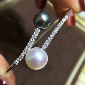 DIY珍珠配件 S925纯银镶锆石开口弹力双珠手镯手环半成品空托饰品