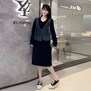 2023新款秋季长袖连衣裙大码女装胖妹妹春秋假两件A字拼牛仔裙子