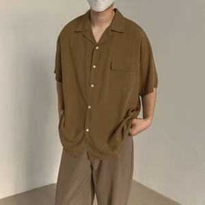 MG韩风基础款短袖衬衫男夏季带口袋情侣绸缎薄款宽松纯色中袖衬衣