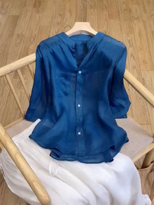 湖蓝色天丝苎麻七分袖防嗮衬衫女2024年夏季宽松舒适气质通勤上衣