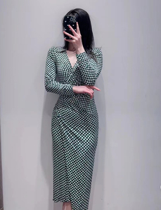 DVF代购2023秋明星同款绿色格子波点包臀一步铅笔裙裹身连衣裙
