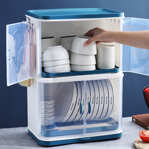 塑料厨房置物碗柜带盖放餐具防尘碗柜箱家用沥水透明碟盘双层碗盆