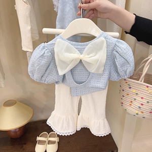 婴儿衣服夏季薄款洋气可爱镂空短袖长裤分体套装一周岁女宝宝夏装