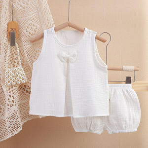 婴儿衣服夏季洋气女孩纯色双层棉纱薄款家居服套装一岁女宝宝夏装