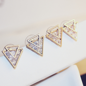 镂空纯银耳环女韩国时尚几何图形三角形耳钉珍珠耳坠耳饰新品
