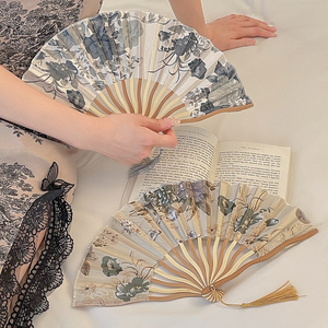 新中式古风折扇水墨画中国风旗袍道具夏天携带随身可折叠贝壳扇子