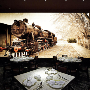 欧式复古怀旧3D火车头火车轮大型壁画KTV咖啡馆餐厅主题墙纸壁纸