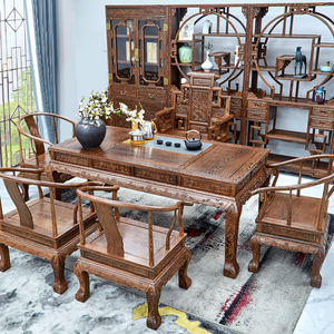 鸡翅木茶桌椅组合六件套红木大型茶台办公茶桌茶艺桌实木明清古典