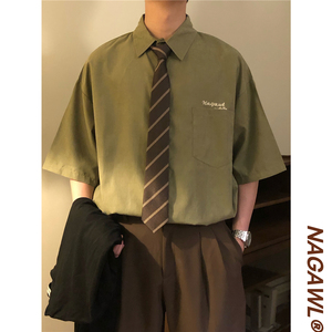 NAGAWL2024夏季新款美式复古港风潮流潮牌宽松绿色短袖衬衫男衬衣