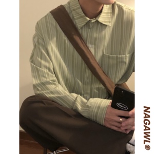 nagawl春秋日系cityboy衬衣宽松复古叠穿百搭绿色条纹长袖衬衫男