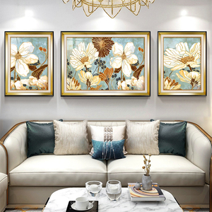 美式轻奢客厅装饰画欧式风格沙发背景墙挂画简美油画花卉三联壁画