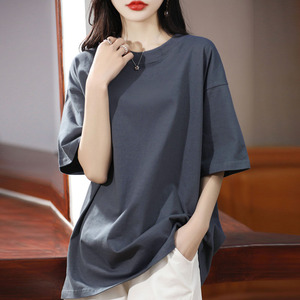 韩版夏加大码女装纯棉半袖200斤宽松纯色中长款短袖T恤显瘦打底衫