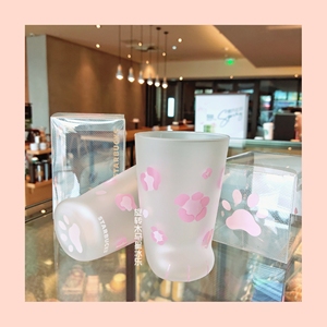 现货包邮星巴克樱花季粉色猫爪造型磨砂玻璃杯冷水杯日本进口礼盒