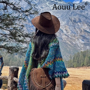 Aouu Lee民族风披肩女云南丽江旅游穿搭斗篷外套登山西部牛仔帽女