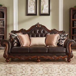 美式实木真皮沙发组合三人位大户型欧式别墅复古奢华头层牛皮家