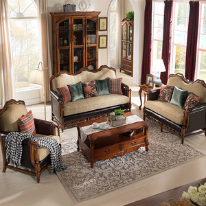 美式田园实木布艺沙发组合家用三人位简美欧式现代小户型轻奢客厅