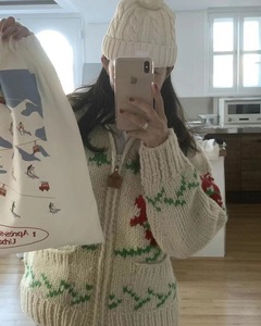 【现货】韩国urbanic30复古编织羊毛圣诞拼色拉链针织开衫厚毛衣
