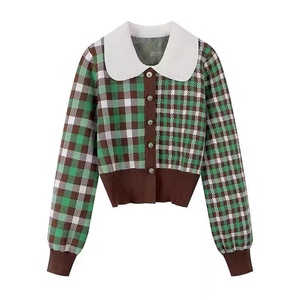 商场同款2023秋季新款绿色设计感格纹线套衫针织衫女毛衣韩版修身