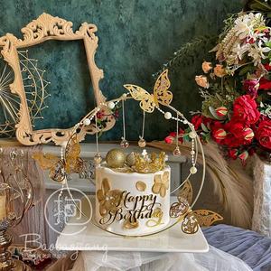 金色镀金珠串钻石蝴蝶链条圆环铁环奢华妈妈母亲节生日蛋糕装饰