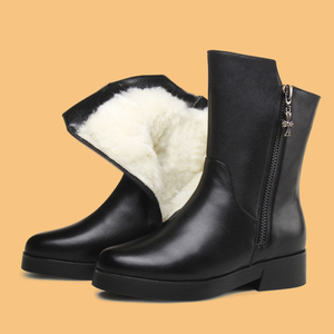 冬季女鞋真皮羊毛靴子女加绒短靴平底平跟粗跟中筒靴棉靴保暖棉鞋