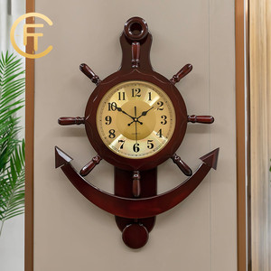 积匠新中式船舵挂钟客厅家用壁挂创意装饰时钟大气静音木质石英钟