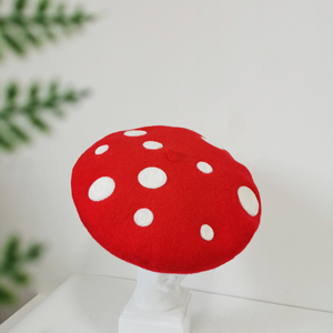 超级玛丽的小蘑菇~手工羊毛毡圆点贝雷帽 蓓蕾帽子画家帽亲子秋冬