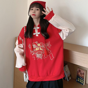 红色卫衣过年新年款本命年时尚女装中国风刺绣汉元素古风连帽外套