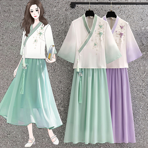 中国风女装夏季唐装两件套茶艺师服装女民国风改良汉服旗袍式上衣