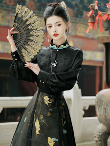 马面裙上衣搭配长袖古风刺绣黑色对襟立领衬衫新中式国风衬衣女款