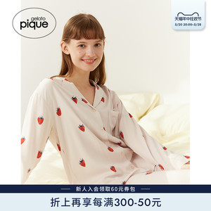 gelato pique23秋冬女睡衣套装草莓开襟衬衫长裤PWFT234375