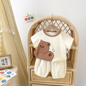 6一12月婴儿夏装小熊分体套装2岁宝宝夏季纱布睡衣短袖短裤两件套