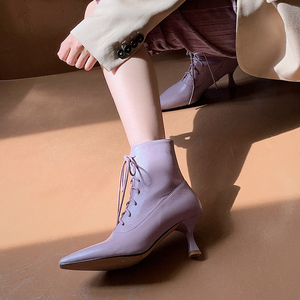 紫色马丁靴2020新款尖头细跟系带短靴高跟真皮气质裸靴女春秋单靴