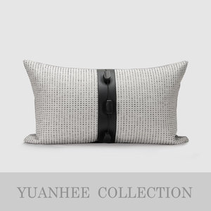 新中式奢华样板房抱枕主卧沙发靠垫灰白色棉麻腰封木珠装饰腰靠枕