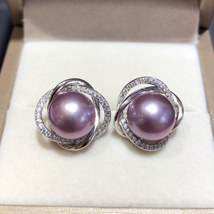 珠宝珠时尚优雅气质款爱迪生紫珠耳环10-11MM淡水珍珠耳钉925银款