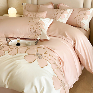 艾维100S高端全棉刺绣四件套纯棉床单被套粉色少女心公主床上用品