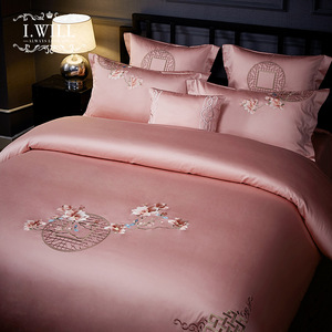 中式结婚四件套全棉纯棉60支长绒棉轻奢粉色婚庆床单被套床上用品
