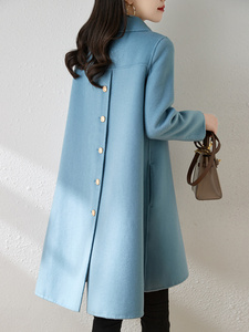 蓝色双面羊绒大衣女中长款2024冬新款斗篷背扣设计感羊毛呢外套女