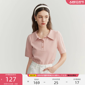 范思蓝恩粉色正肩Polo衫短袖t恤女夏季韩系气质显瘦针织上衣2703