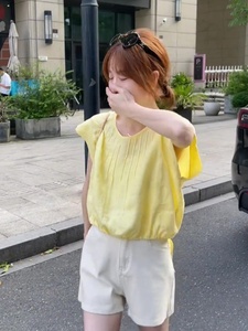 黄色蝴蝶结绑带短袖衬衫女夏季2024新款甜美减龄纯色褶皱短款衬衣