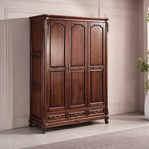 黑胡桃木衣柜实木2/3门大衣橱美式简约卧室家具对开门储物收纳柜