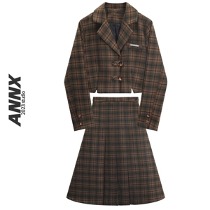 ANNX2023学院风格纹毛呢套装复古短款西装外套搭百褶半身裙两件套