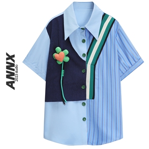 ANNX2024甜酷假两件设计短袖立体花朵不对称条纹拼接衬衫男女个性