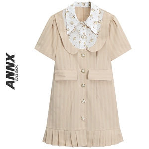 ANNX2023夏季复古法式假两件连衣裙中长款碎花条纹百褶裙宽松减龄