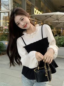 韩版气质假两件打底衬衫套装上衣女装春季新款修身显瘦长袖白衬衣