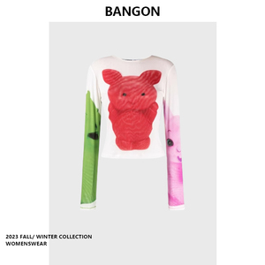 BANGON 同款卡通图案撞色印花上衣小众设计感2024年新款长袖T恤女