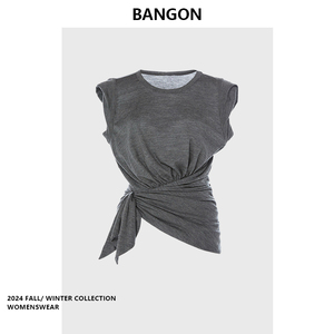 BANGON 灰色绑带收腰上衣短款设计感小众2024年夏季新款辣妹风T恤